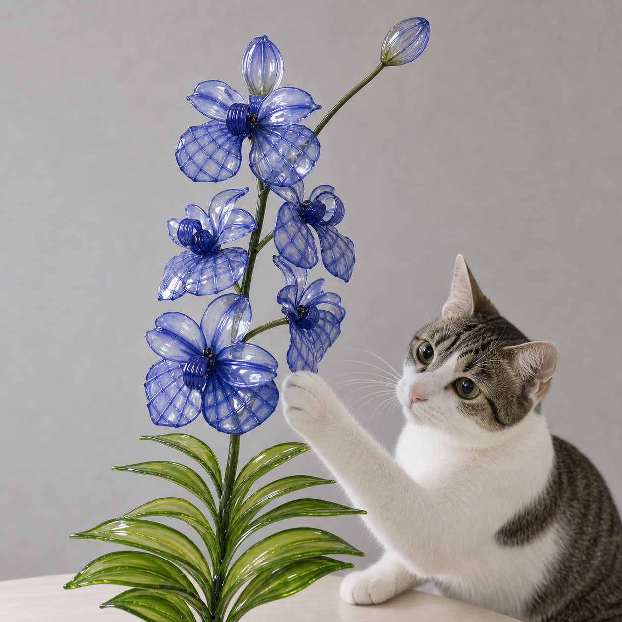 貓咪輕觸藍色萬代蘭水晶花