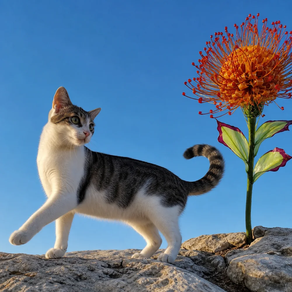貓咪漫步在橘紅色針墊花水晶花旁